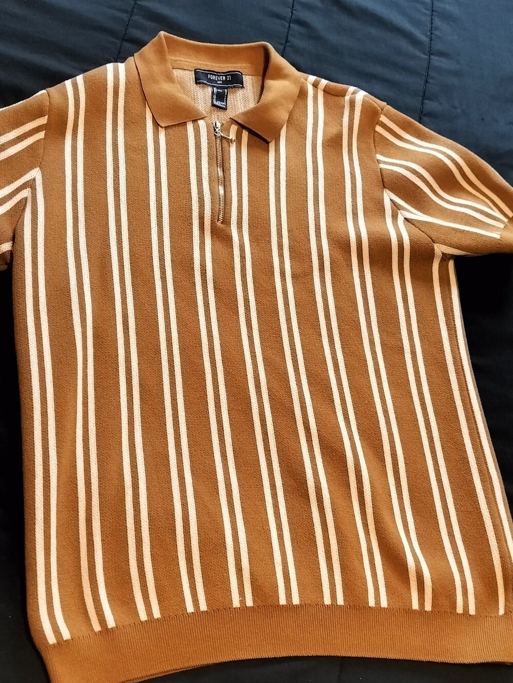 Forever 21 Men's Tan and Cream Vertical Stripe Zip Polo